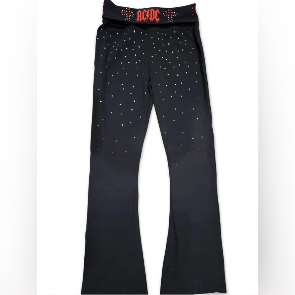 Black Flared Pants Ac/Dc Leggings with Rhinestone Detailing